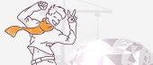 Illustration of a joyful cartoon character wearing a cape and raising a peace sign, with a large diamond and wind turbines in the background.