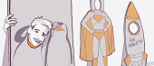Illustration of a person smiling and waving from a window, next to a drawing of a spacesuit on display with a rocket labeled "NA РАКЕТА" beside it.