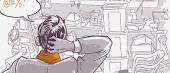 Illustration of a person from behind, looking over a cluttered desk with various items strewn about, scratching their head in confusion or frustration, with a speech bubble containing gibberish symbols.