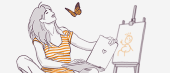 A woman in a striped dress sitting and looking at a butterfly while holding a laptop and having a drawing of a smiling sun on an easel beside her.