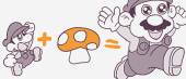 A stylized illustration featuring a small cartoon character next to a plus sign, an orange-capped mushroom, and an equal sign, leading to a larger, happier version of the cartoon character.