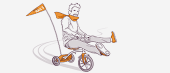 Illustration of a man with a beard and mustache, wearing a necktie and boots, humorously riding a small orange and gray tricycle with a flag marked "Rails."