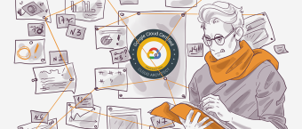 Illustration of a person studying with concentration, surrounded by various study notes and a Google Cloud Certified - Cloud Architect logo in the background.