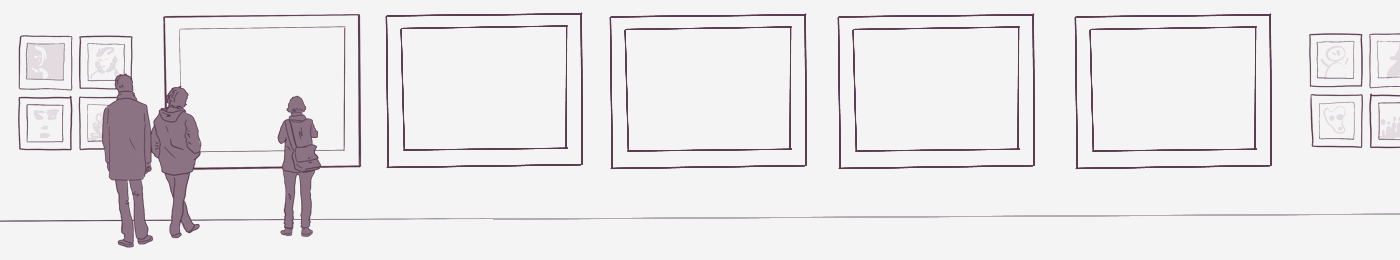 Two people viewing framed artwork on a gallery wall, with multiple empty frames ready for display.