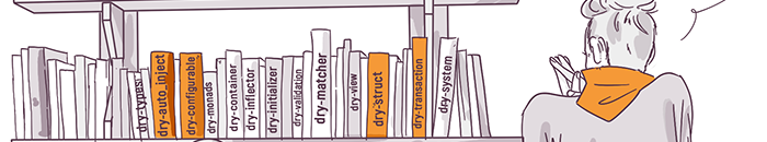 Illustration of a person with gray hair standing in a library, looking at a shelf full of books with various titles prominently displaying the word "Django," implying a focus on learning the Django web framework.