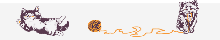 Illustration of two playful cats with a ball of yarn; one cat lies on its back while the other stands with yarn trailing between them.