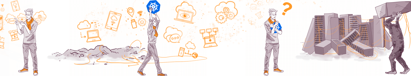Illustration of a journey from idea to execution featuring a person brainstorming, navigating obstacles, holding a cube with symbols, looking perplexed, and another carrying a large cube towards buildings connected by wires.