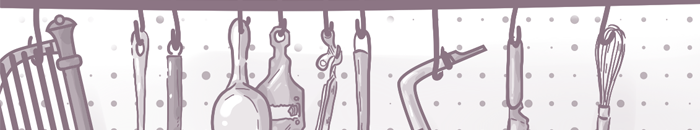 Line art illustration of assorted kitchen utensils hanging on hooks, including a spatula, ladle, whisk, and tongs, with a patterned background.