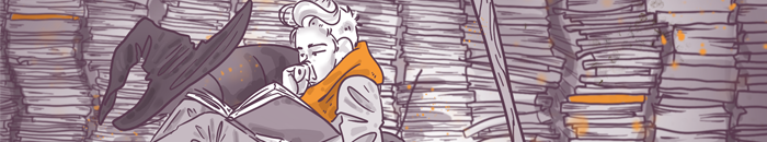 "Stylized illustration of a person in an orange scarf reading a book, surrounded by towering piles of books, conveying a cozy atmosphere of study or leisurely reading."