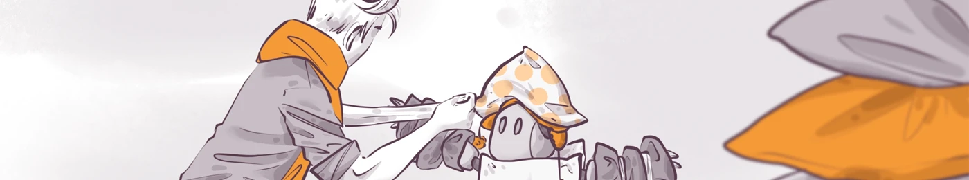 Illustration of a person in a hoodie adjusting a polka-dot bandana on a small robot. The scene conveys a gentle interaction between human and machine, with soft colors and a focus on the relationship between the characters.
