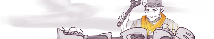 Illustration of a person in a hard hat and scarf, holding a wrench over machinery parts. The background is a soft, cloudy pattern.