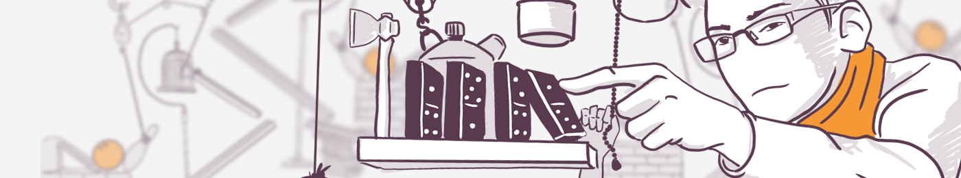 Illustration of a focused man with glasses tinkering with a whimsical machine, including gears and a teapot, on a workbench, in a purple and orange color scheme.