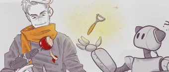 Illustration of a man peeling an apple with a power tool while a confused robot tries to peel another apple, representing the difference between AI capability and good product design.