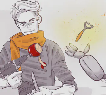 Illustration of a man peeling an apple with a power tool while a confused robot tries to peel another apple, representing the difference between AI capability and good product design.