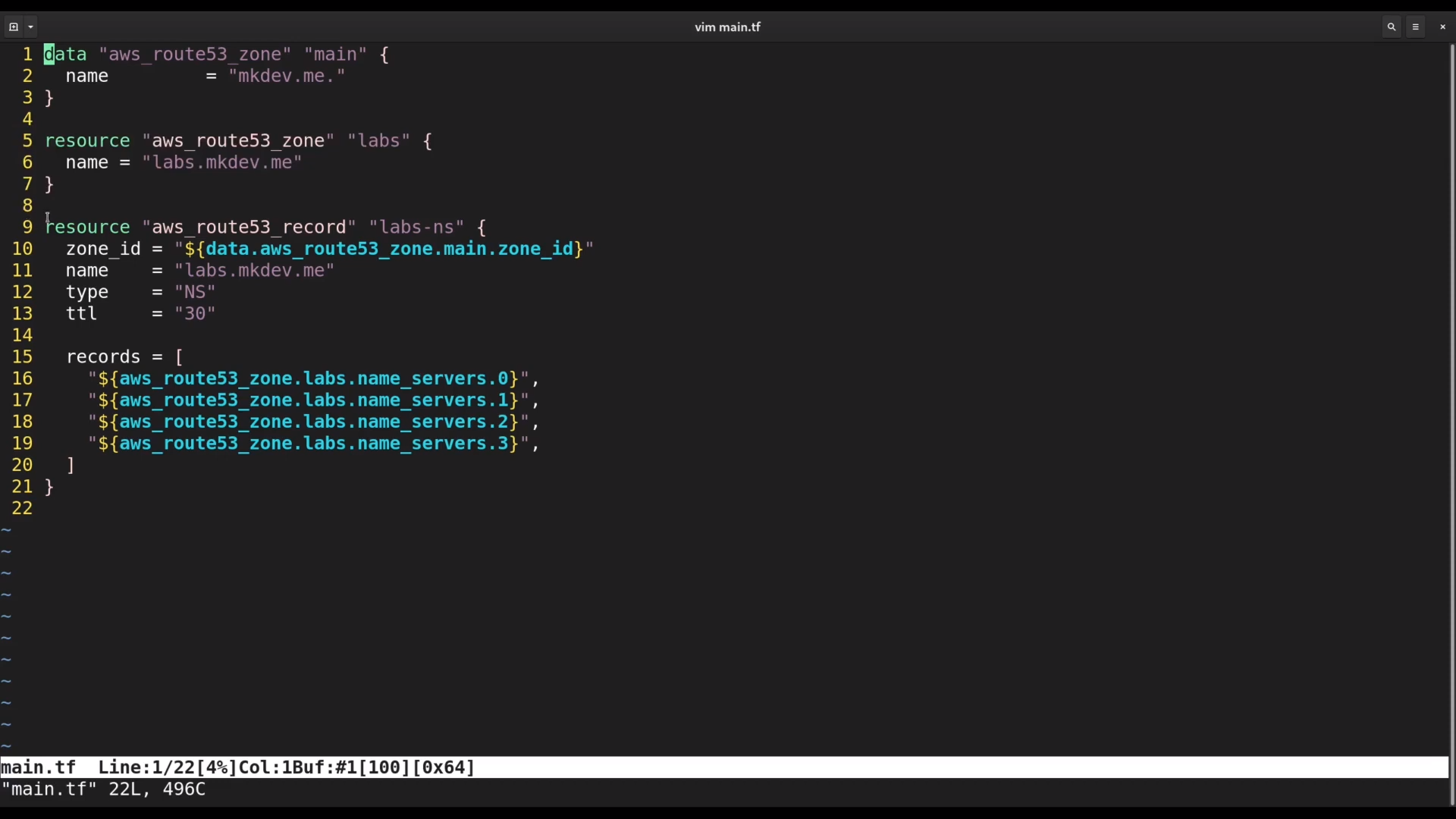 Screenshot of a code editor displaying Terraform configuration for AWS Route 53 resources with a DNS zone and name servers setup.