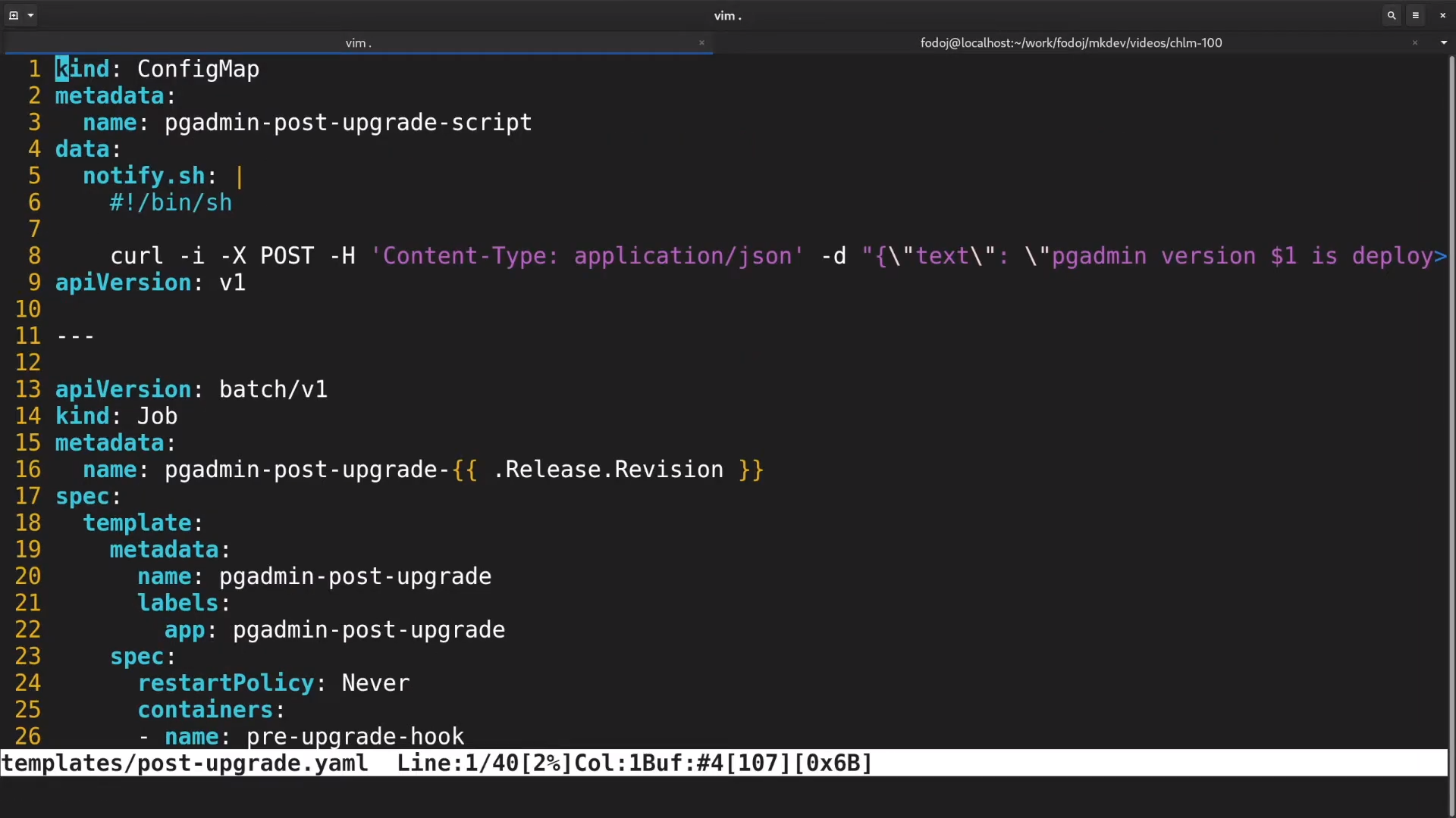 Screenshot of a computer screen showing a YAML configuration file within the Vim editor, including sections of code for a ConfigMap and a Job for Kubernetes orchestration.