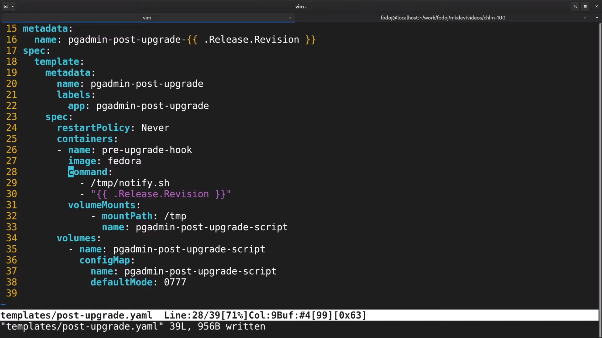 A screenshot of a YAML configuration file opened in the Vim text editor, showing lines of code related to Kubernetes or container orchestration.