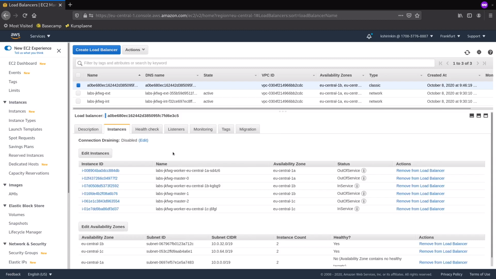 Screenshot of AWS Management Console showing EC2 Load Balancers with details on names, states, types, and various instance parameters.