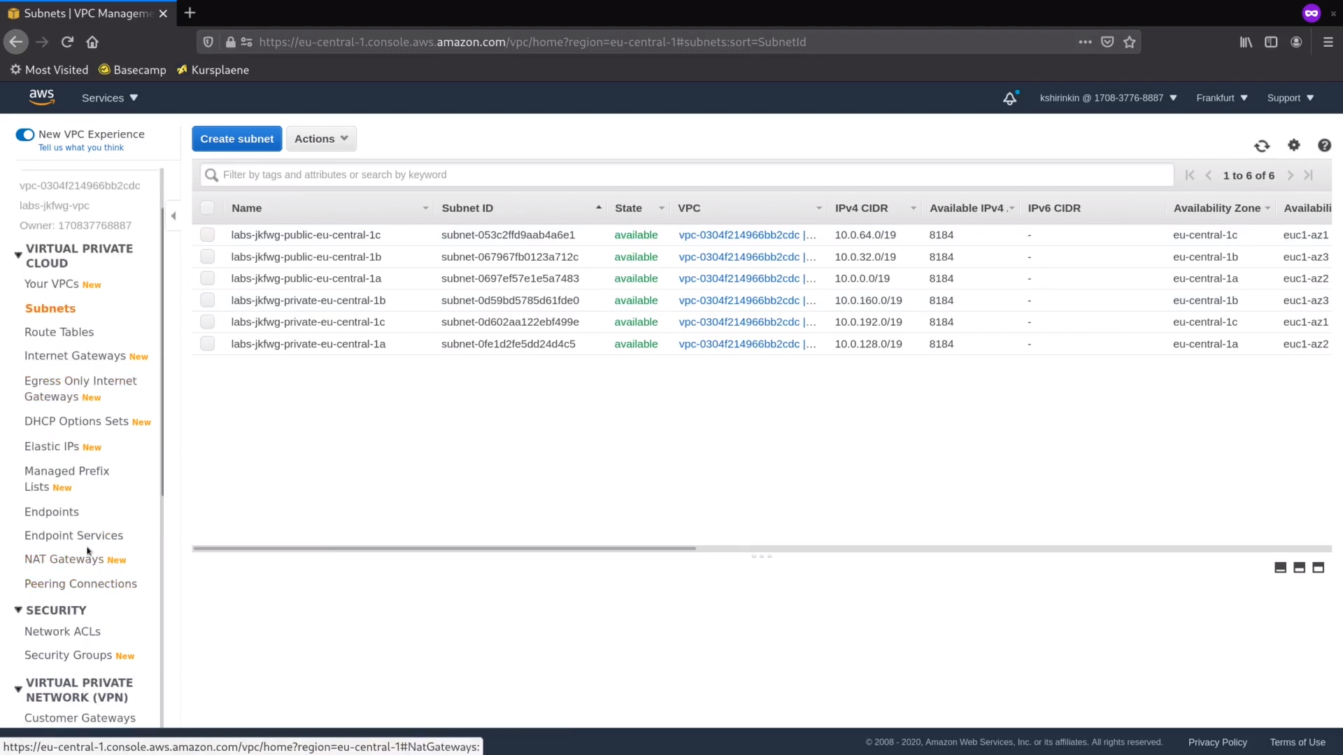 Screenshot of AWS Management Console displaying a list of subnet details within a VPC interface, showing names, IDs, states, IPv4 CIDRs, and availability zones.