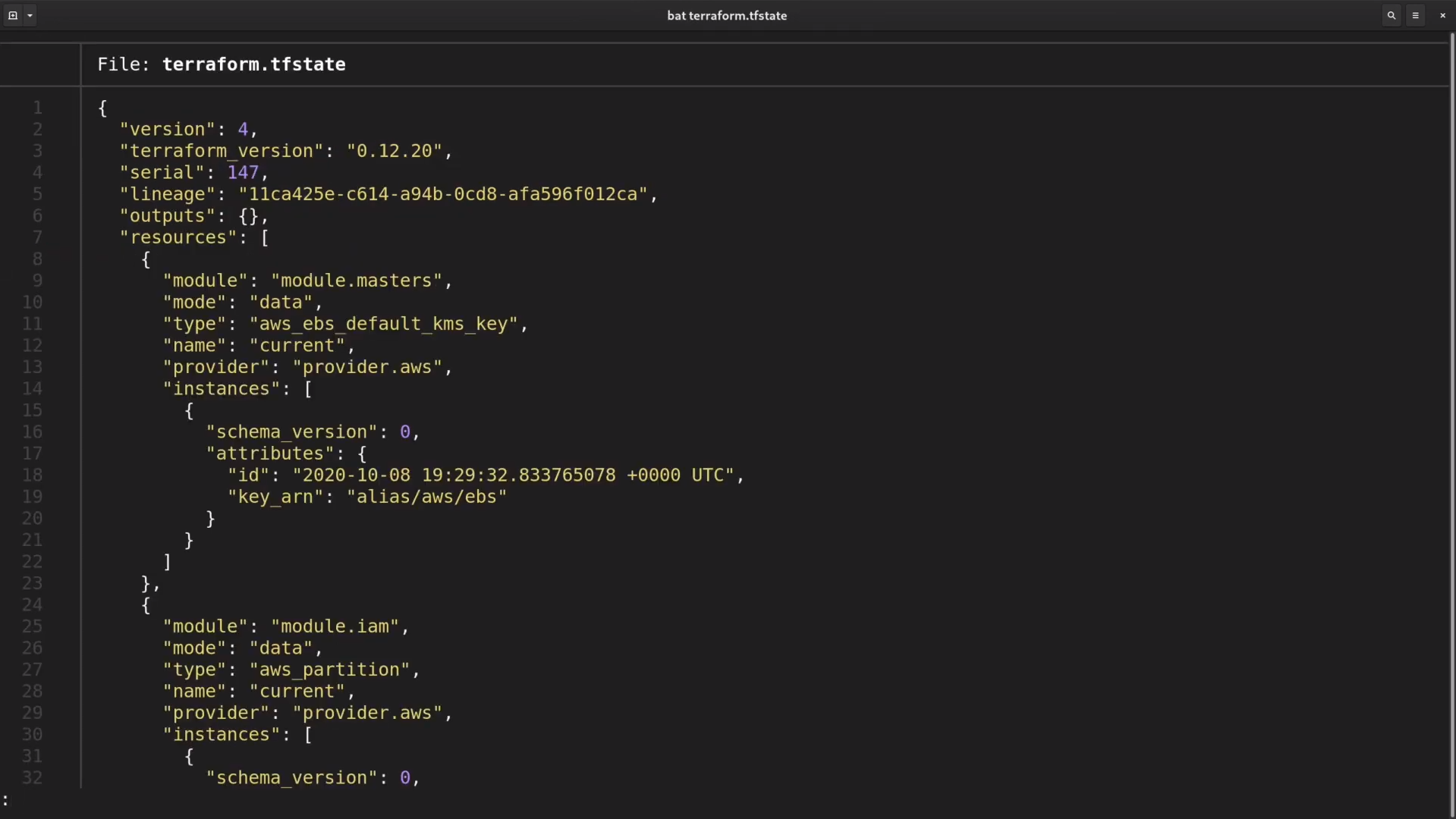 Screenshot of a Terraform state file (terraform.tfstate) displayed in a terminal with syntax highlighting, showing code related to AWS resources management.