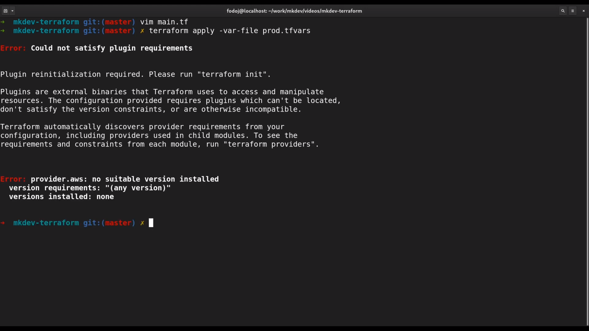 Screenshot of a computer terminal with error messages related to Terraform, indicating issues with plugin requirements and provider initialization for AWS.