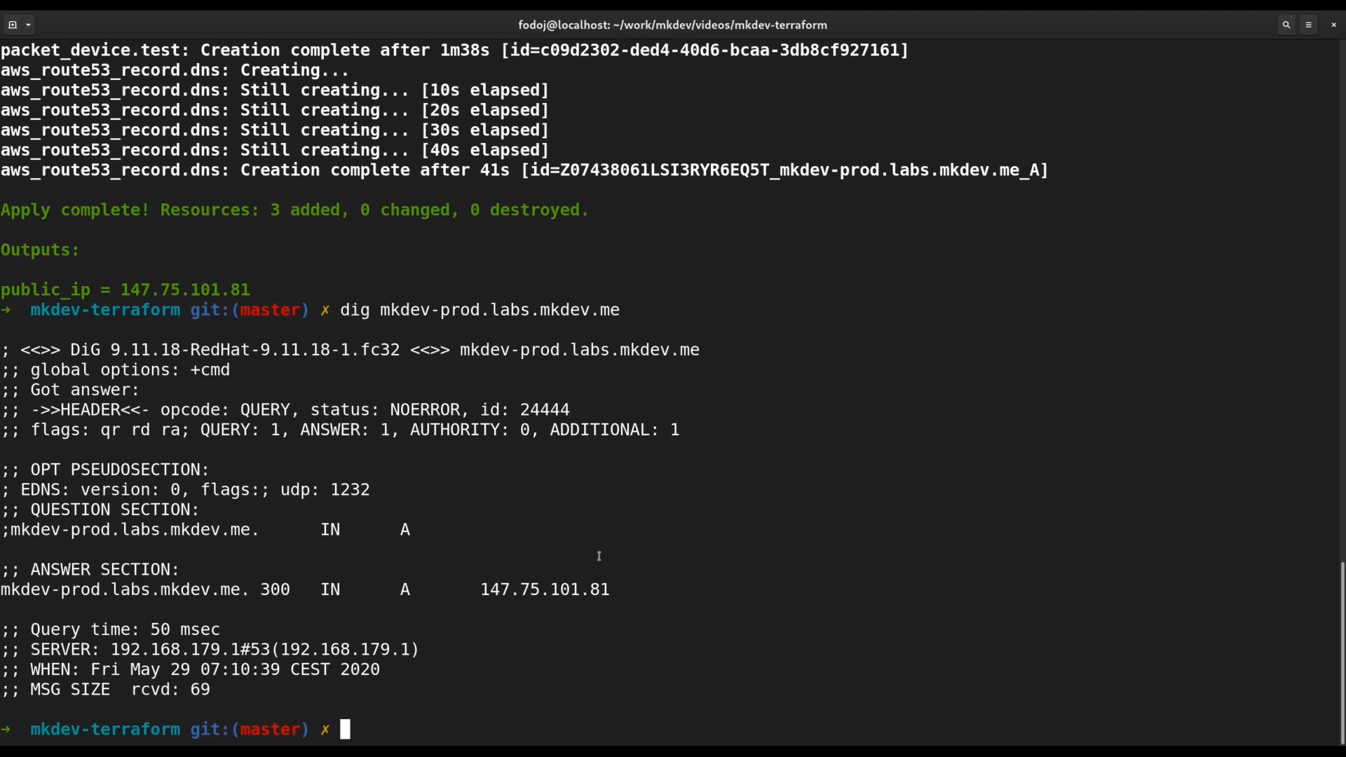 A screenshot of a computer terminal with code output showing AWS resource creation statuses and the result of a DNS lookup using the 'dig' command.