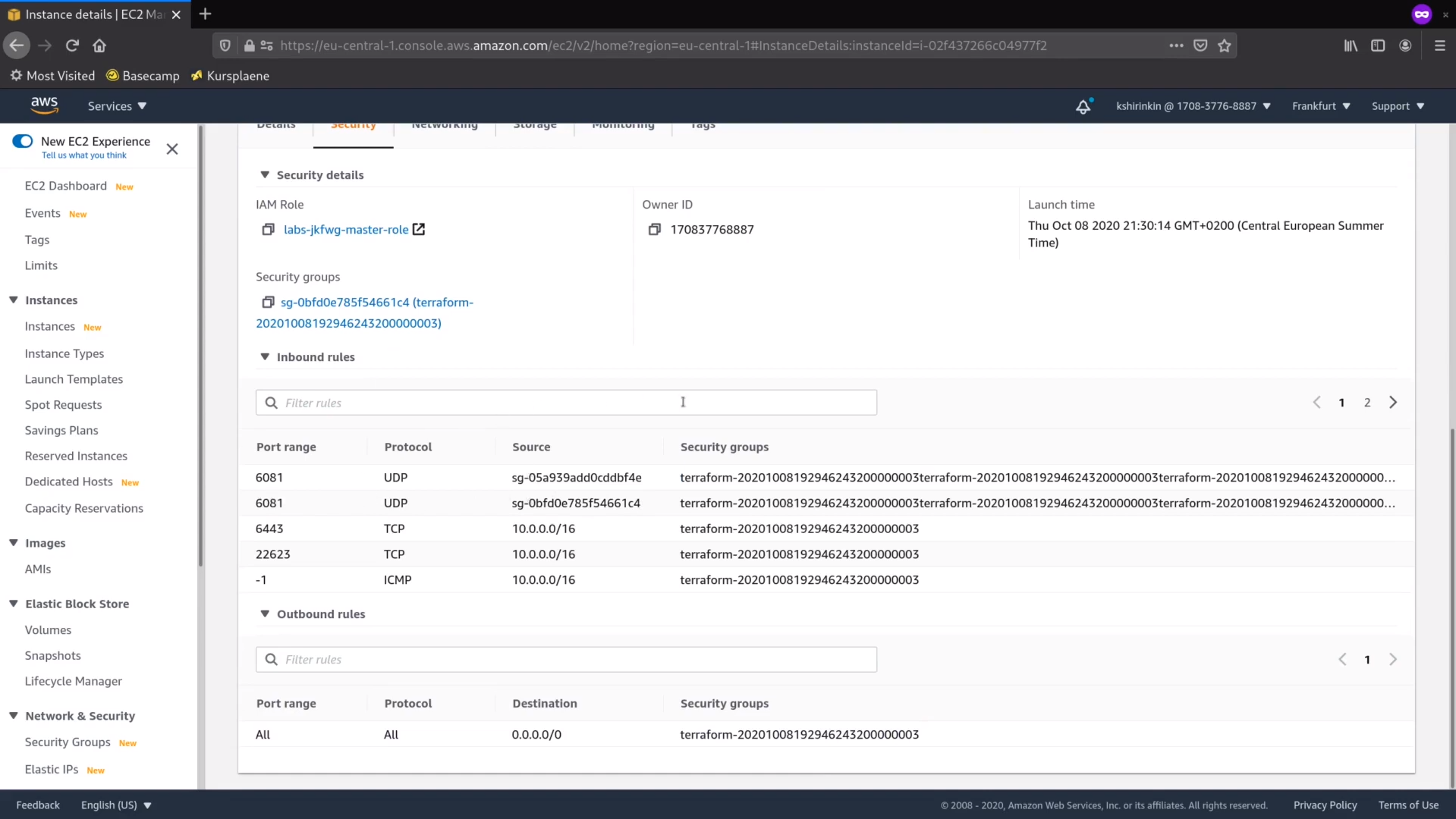 Screenshot of an AWS EC2 instance details page focusing on security settings with inbound and outbound rules displayed.