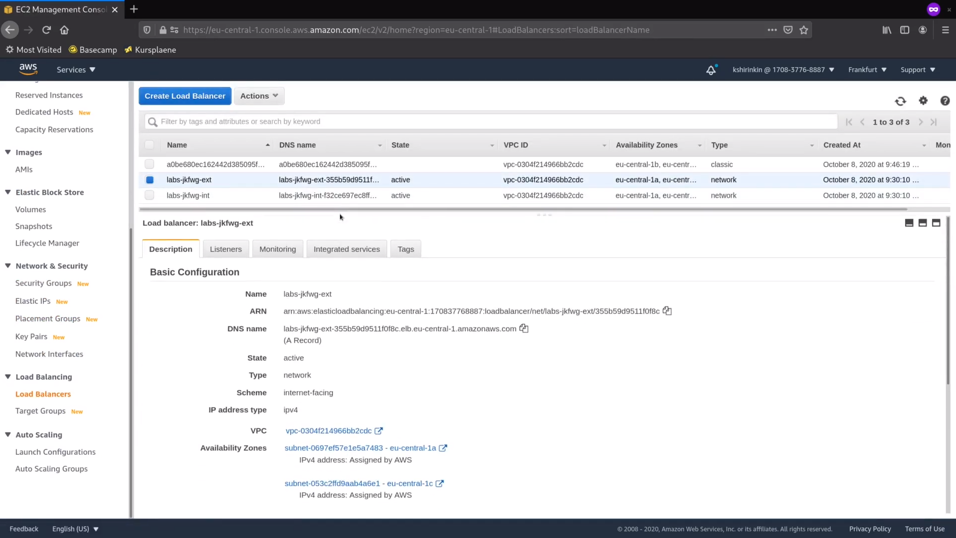 Screenshot of an AWS EC2 Management Console displaying load balancer settings with details including DNS name, state, type, and creation date for network load balancers.