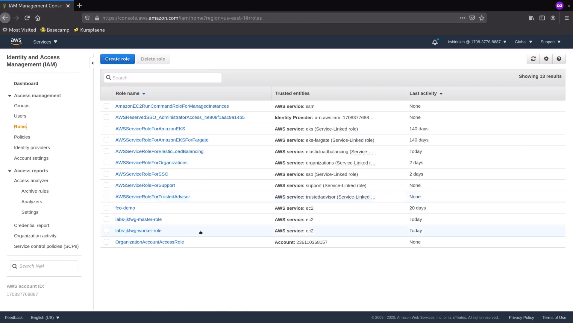 Screenshot of the AWS IAM Management Console displaying a list of IAM roles with their associated trusted entities and last activity timestamps.