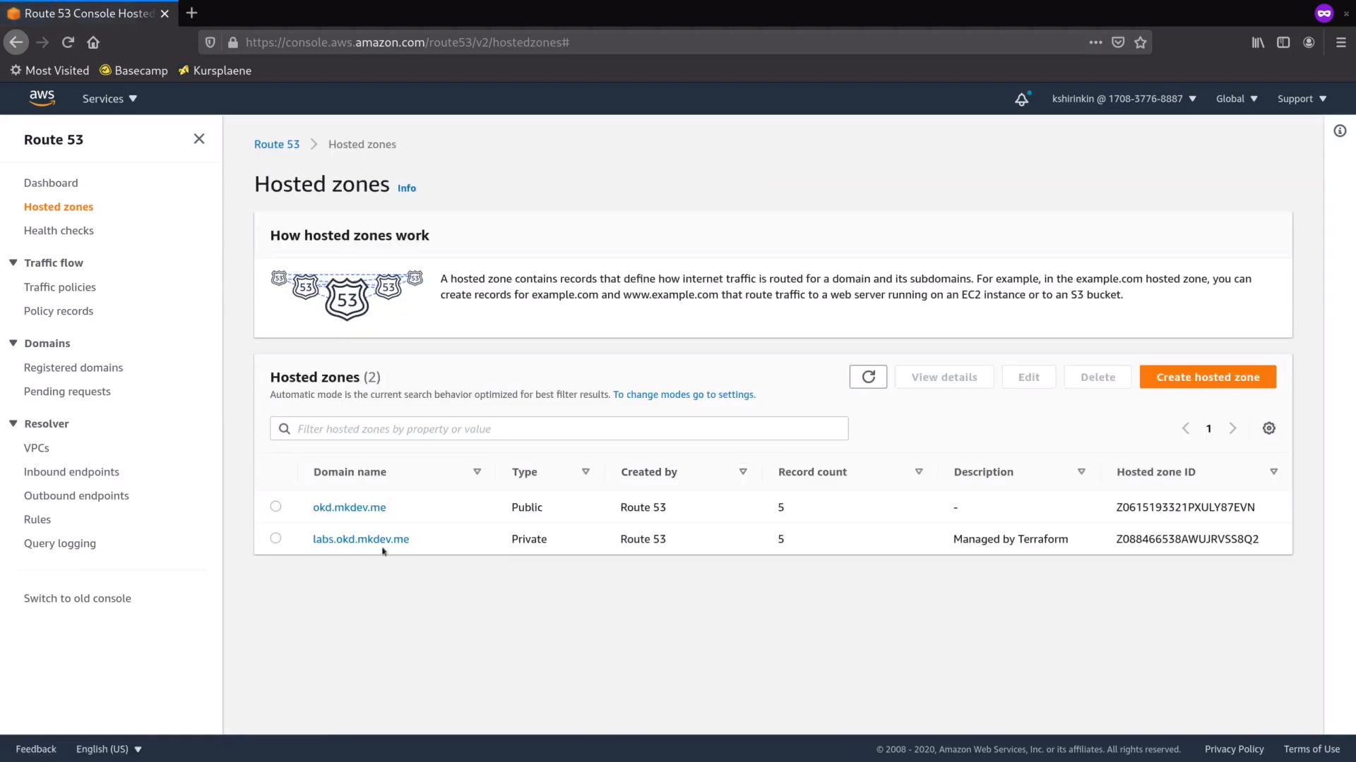 Screenshot of AWS Route 53 Console with hosted zones tab open showing information on how hosted zones work and a list of two domain names with details such as domain type, creator, record count, and hosted zone ID.