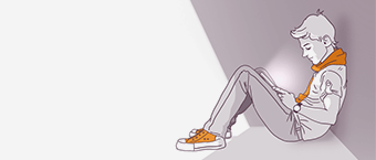 Illustration of a pensive young person sitting on the ground, leaning against a wall, with a subtle shadow cast over them, featuring muted colors and a hint of an orange scarf.