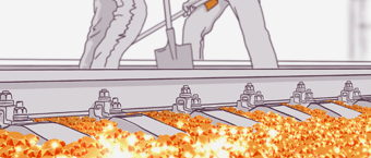 Illustration of a factory environment with machinery and conveyor belt carrying orange material, amidst signs of motion or activity, suggesting an industrial process.