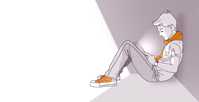 Illustration of a person sitting on the floor leaning against a wall, engrossed in reading a tablet, highlighted by a beam of light on a dual-tone background.