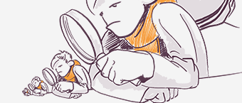 Illustration of a tiny person sitting in the palm of a large hand, both holding magnifying glasses and investigating a small object together.