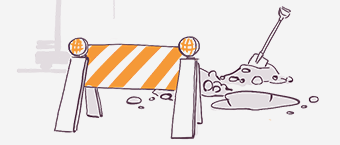 Illustration of a construction barrier with orange and white stripes, warning lights on top, next to a pile of dirt with a shovel stuck in it, suggesting an ongoing excavation or construction area.
