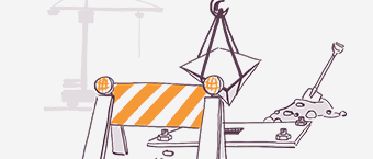 Illustration of a construction site with a barrier, a crane lifting a star, pylons, a mound of dirt, and a shovel in a minimalist purple and orange color scheme.