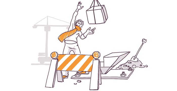 Illustration of a construction worker in a safety vest dodging a falling package at a construction site, with a barricade, scattered tools, and a crane in the background.