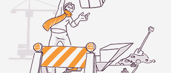 An illustrated construction site scene with a worker in a hard hat gesturing, a barrier, a laptop on a desk, a shovel, and construction equipment in the background.
