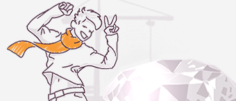 Illustration of a joyful cartoon character wearing a cape and raising a peace sign, with a large diamond and wind turbines in the background.