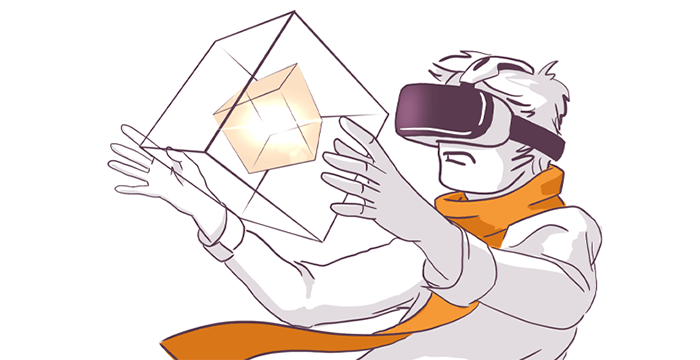 Illustration of a person with a VR headset interacting with a glowing, geometric shape, conveying the experience of virtual reality technology.