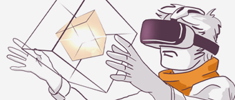 Illustration of a character with a VR headset reaching out towards a glowing cube within a digital grid, symbolizing virtual reality interaction.
