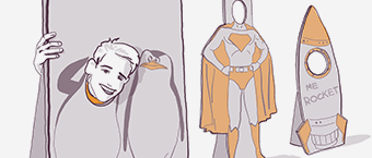 Illustration of a smiling young person peeking from behind a tree next to drawings of a superhero costume and a rocket labeled "ME ROCKET" placed on the tree.