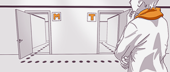 Illustration of a person standing in front of two doors marked with 'M' for men and 'T' for all genders, suggesting a moment of decision-making regarding restrooms.