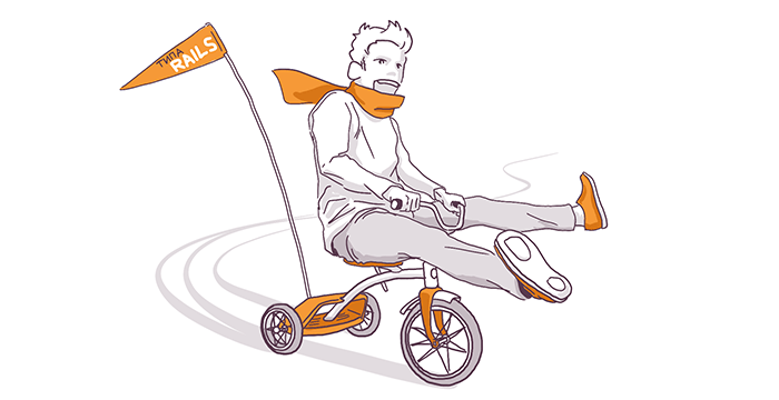 Illustration of a person with a startled expression riding a small orange tricycle with a flag marked 'RAILS' attached to the back.