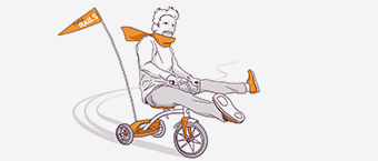 Illustration of a mustached man riding a small orange and gray tricycle, wearing a cape and a flag marked "Rails" on the tricycle.