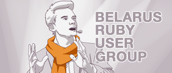 Illustration of a person with a stylized haircut, speaking and gesturing, with a whistle around their neck, next to text "BELARUS RUBY USER GROUP" against a purple background.