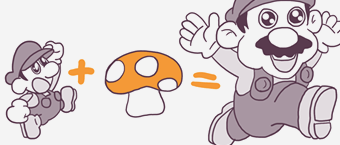 Illustration of a small animated figure and a mushroom with a plus sign between them, equaling a larger, happy animated figure with arms outstretched.