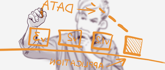 Illustration of a person interacting with floating graphic icons representing data analysis, including charts and arrows, conveying a concept of digital information processing.