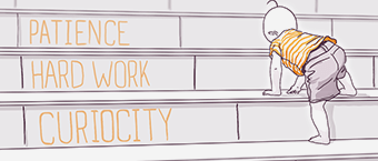 Illustration of a toddler climbing steps labeled "PATIENCE," "HARD WORK," and "CURIOSITY."