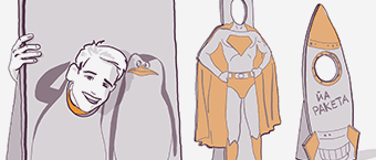 Illustration of a person smiling and waving from a window, next to a drawing of a spacesuit on display with a rocket labeled "NA РАКЕТА" beside it.